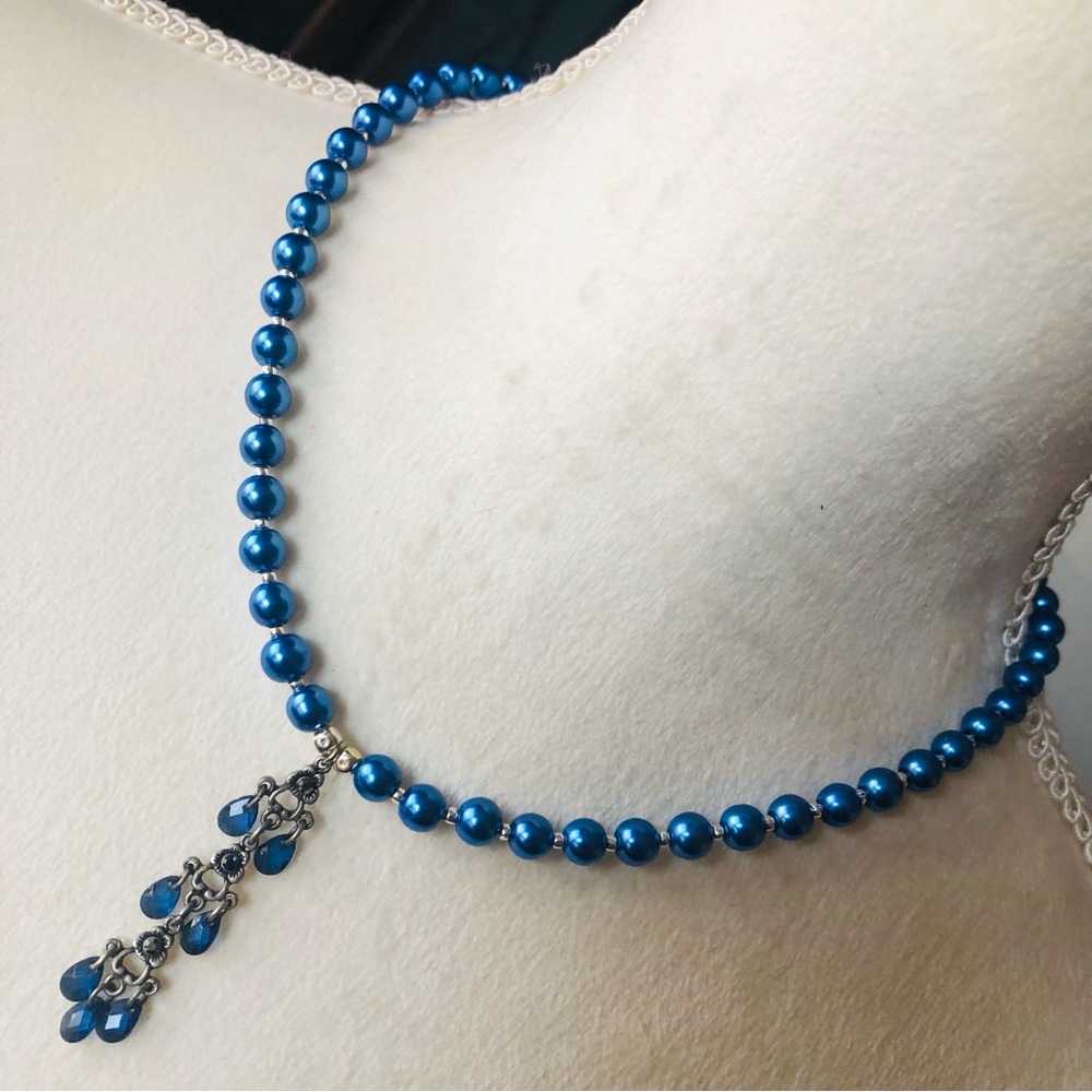 Handcrafted repurpose blue crystal chandelier pendant Czech glass Pearl necklace